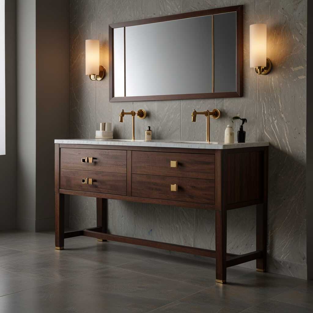 Modern bathroom decor with brass shelf